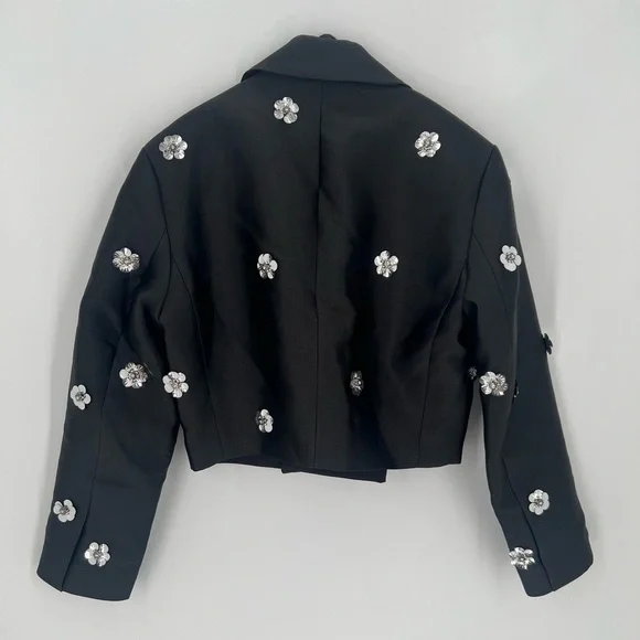 Sandro Flower Floral 3D Embellished Cropped Double Breasted Blazer Satin Jacket - Picture 9 of 9